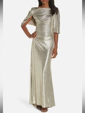 Eliza J Gold Metallic One-Shoulder Maxi Gown